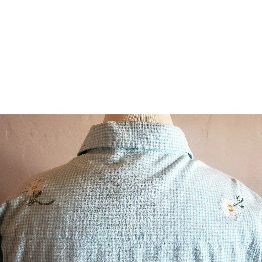 Vintage The Quacker Factory Blue Striped Jacket Floral Embroided Boho Shacket 1X